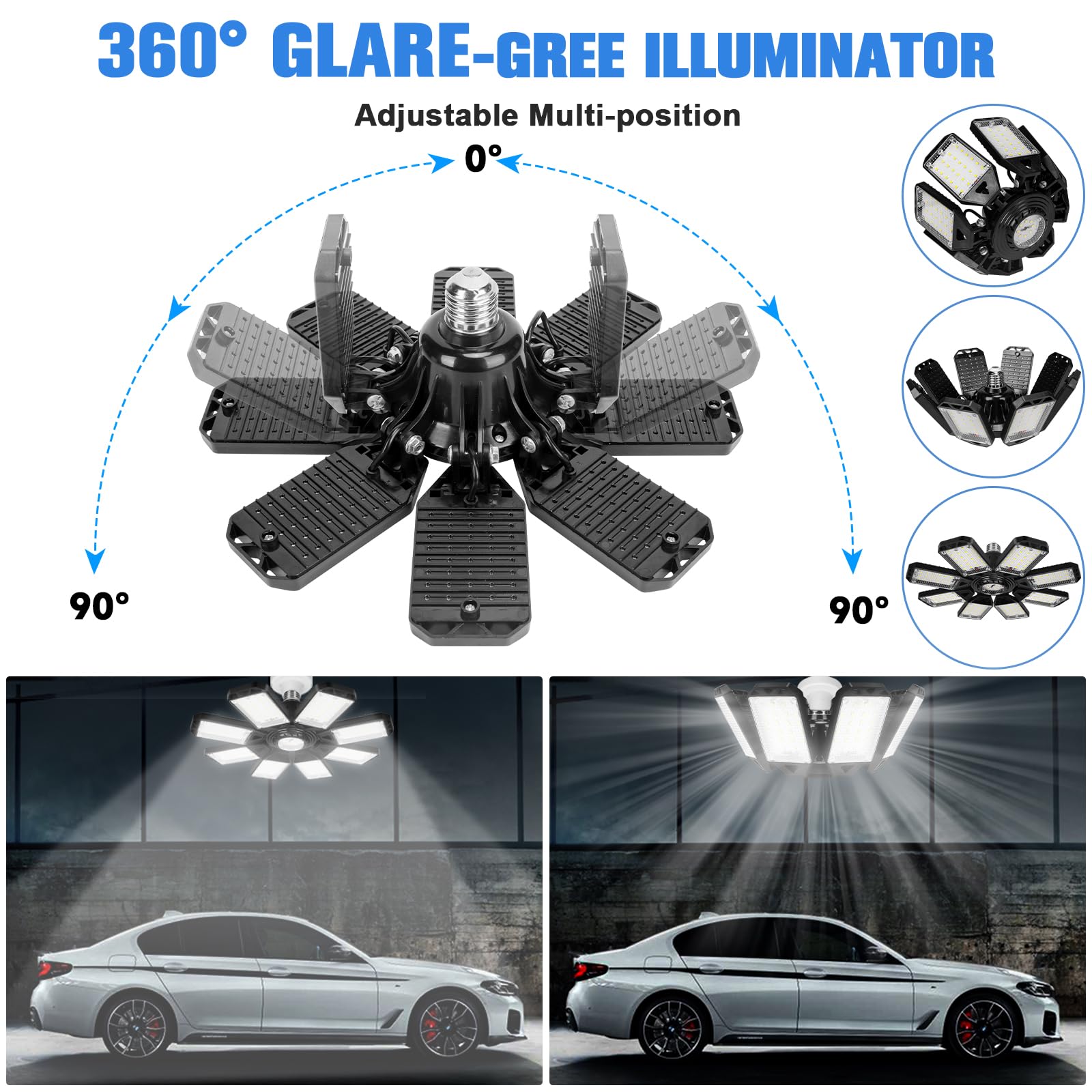 Aoretic LED Garage Lights, 200W 20000LM, 8 Deformable Panels, 6500K, 2 Pack, Ideal for Garage, Basement, Barn Ceiling Lighting